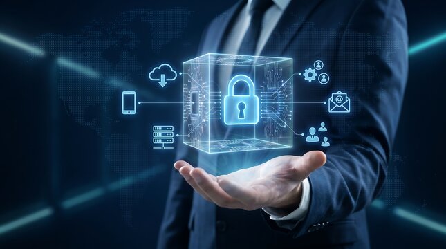 Businessman holding glowing holographic security cube with lock icon and network nodes for digital data protection and cybersecurity infrastructure concept in corporate office