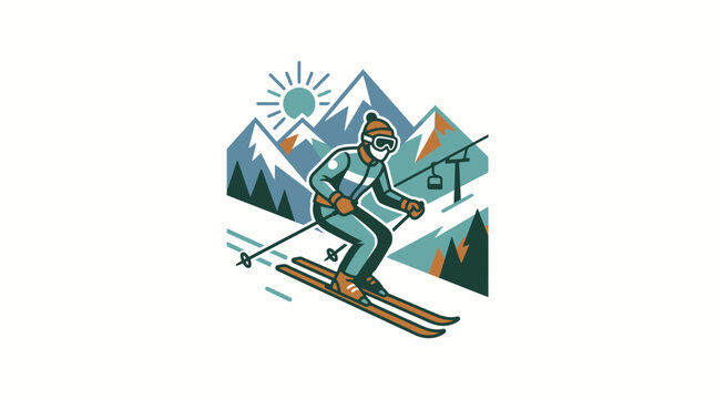 Male skier downhill skiing on a snowy mountain landscape.