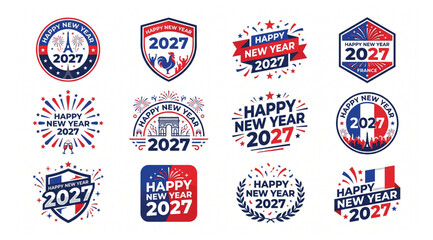Happy new year 2027 france paris inspired vector insignias with insignias celebration triumphal fireworks greeting national tradition calendar celebrate merchandise stickers © Shaon