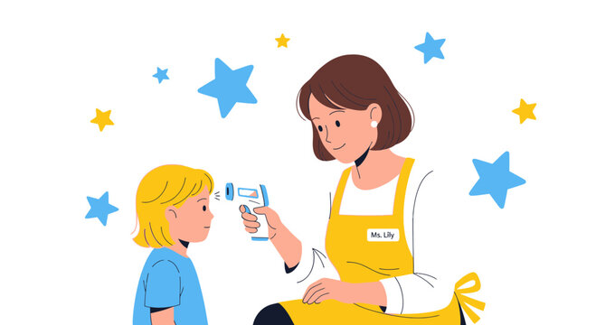 Nurse checks child's temperature with infrared thermometer, back to school health check