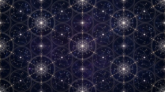Seamless pattern with celestial stars, constellations and sacred geometry