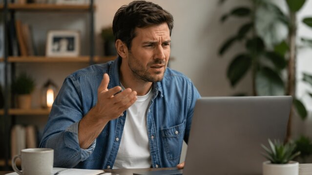 A man sits at a kitchen table with his hand on his head, looking stressed while troubleshooting internet connection problems on his laptop computer