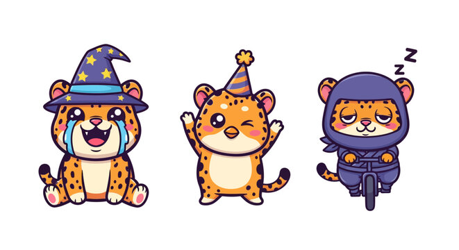 Cute cartoon leopards in festive and ninja costumes.