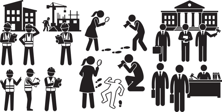 Black and white illustration of various professions and jobs  people at work and leisure