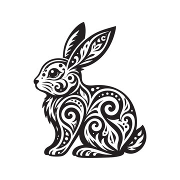 Stylized rabbit illustration decorated with swirling tribal curls and dots
