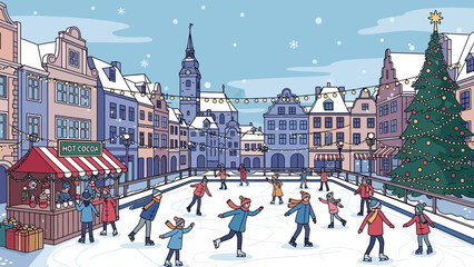 Winter Ice Skating Rink in Festive Town Square with Christmas Tree and Snow © andika