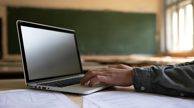 Student hands typing on laptop in classroom