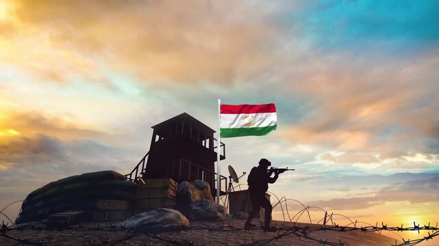 Soldier defending a military outpost with a Tajikistan flag waving video footage motion