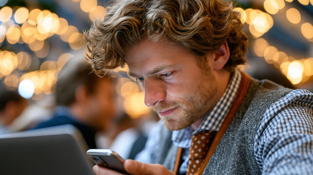 Ein junger Mann schaut l&auml;chelnd auf sein Smartphone in einer festlichen, warm beleuchteten Umgebung.