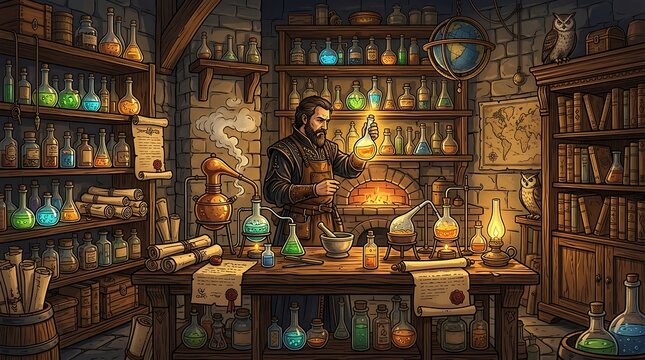 Bearded alchemist experimenting with glowing elixirs in his workshop