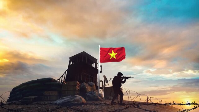 A soldier aiming a rifle at a fortified watchtower with a Vietnamese flag in motion video footage