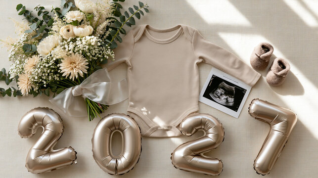 &Uuml;bersichtsaufnahme mit wei&szlig;em Baby-Body, Ultraschallbild, goldenen Luftballonzahlen "2027" und wei&szlig;en Blumen auf beigem Stoff als Schwangerschaftsank&uuml;ndigung.