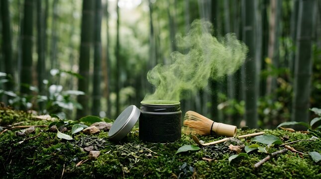 Artisan matcha tin on dark green moss surface, matcha powder cloud billowing from open lid, green tea leaves scattered around, bamboo stalks softly blurred in background, Japanese zen garden atmospher