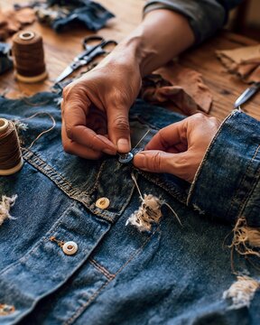 Hands sewing button on ripped denim jacket