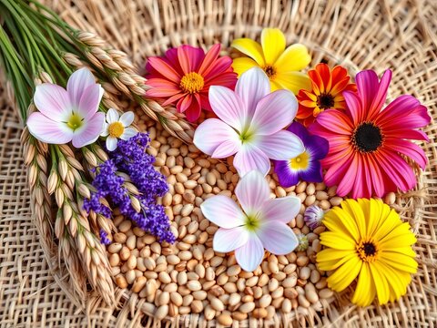 Colorful Flowers and Grain Seeds Rustic Arrangement