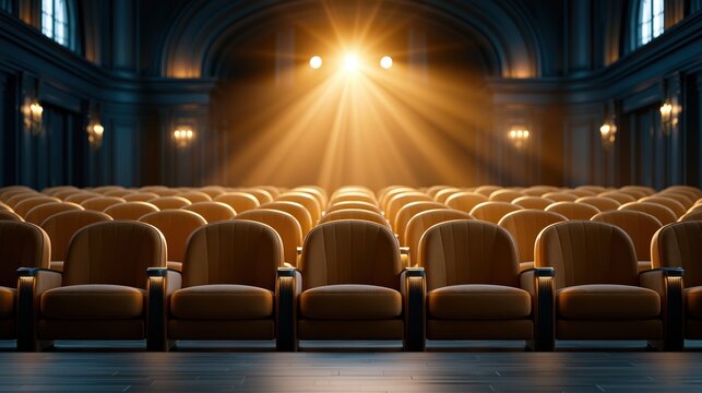 Empty theater seats with dramatic spotlight beams illuminating the stage, creating an atmosphere of anticipation and elegance.