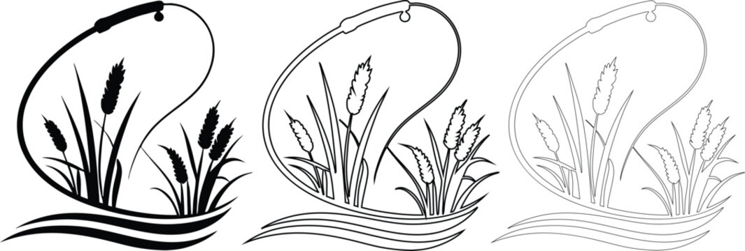 Minimalist fishing rod vector icon set with cattail reeds and water waves for outdoor lake sport logo design