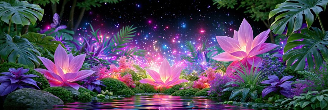 Enchanting glowing lotus flowers and lush jungle plants under a starry night sky with magical lights