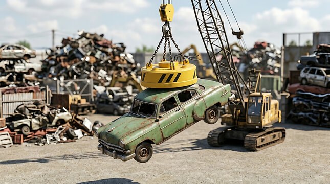 Industrial crane lifting old rusty scrap car with electromagnet in junkyard