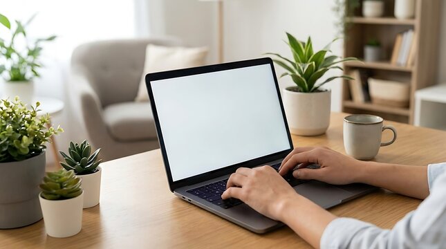Person working on a laptop with a blank screen on a wooden desk in a cozy home office with plants