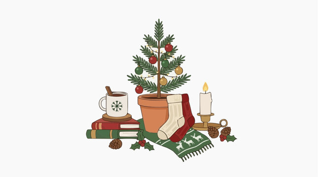Cozy Christmas scene with a small decorated pine tree, a mug of hot chocolate, books, warm socks, and a lit candle, evoking a sense of holiday cheer and comfort. Isolated on white background