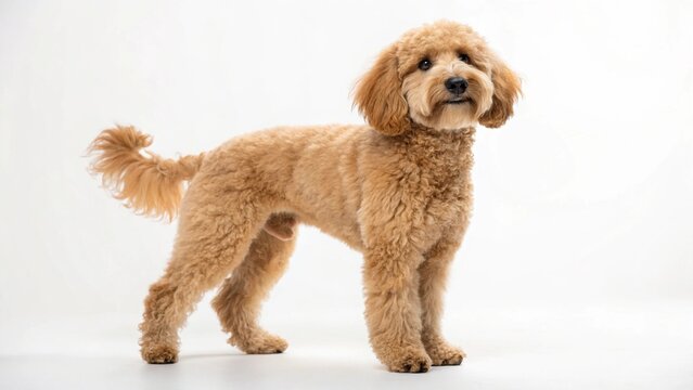 Cute apricot Petite Goldendoodle dog standing full body on a white studio background