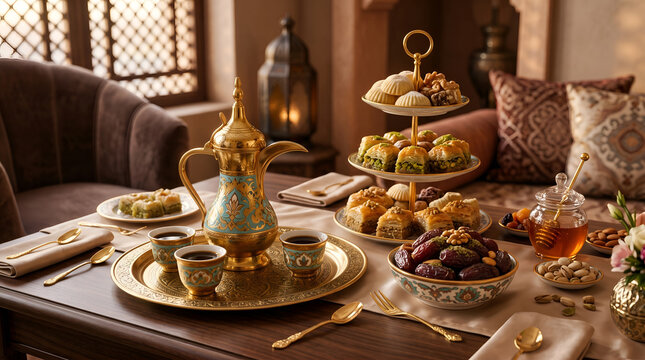 Elegant Arabic dessert table setting with traditional sweets and coffee in warm home ambiance