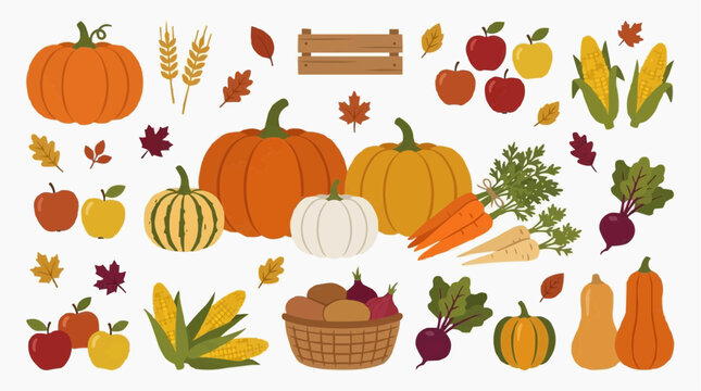 A harvest collection of autumn vegetables and fruits including pumpkins, corn, apples, carrots, and beets, with a wooden crate and fallen leaves. Isolated on white background