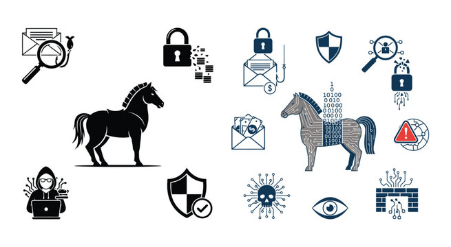 Cybersecurity Icons Including Trojan Horse Silhouette On White Background security