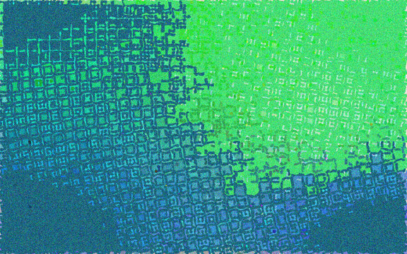 Abstract digital background featuring a vibrant green and blue grid pattern overlaid with textured squares and pixelated details