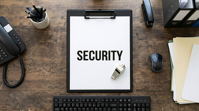 Desk with a security whistle and computer hardware, concept for office safety and business security