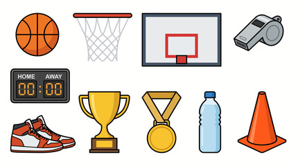 A comprehensive collection of various sports equipment and accessories, including basketball gear, awards, and training items. © hudannrmtqn