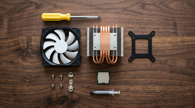 Essential computer hardware assembly components for CPU cooling and maintenance on wood background