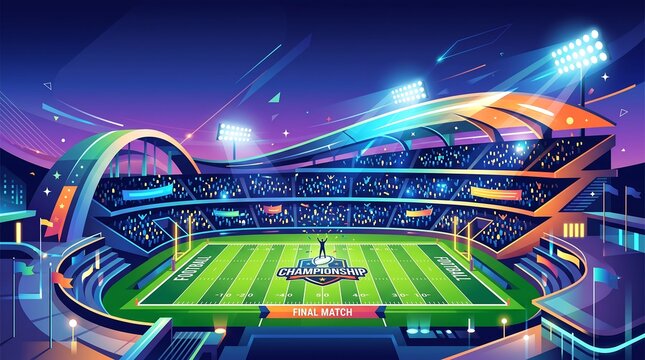 Vibrant digital illustration of a modern American football stadium at night under bright stadium lights featuring a packed arena and turf field