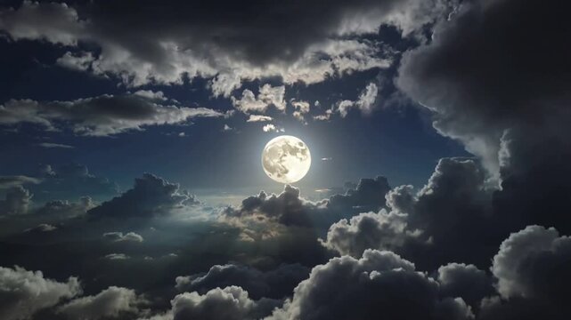 Full moon glowing brightly behind dramatic dark clouds in a midnight sky, aerial view.