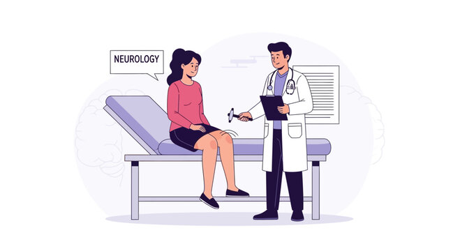 Neurologist examining patient's knee reflex with reflex hammer in clinic