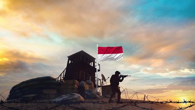 Soldier aiming rifle at watchtower with Indonesian flag waving in motion video footage