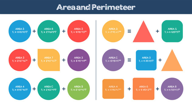 Visual guide illustrating the calculation of area and perimeter for various geometric shapes including circles, triangles, and squares.