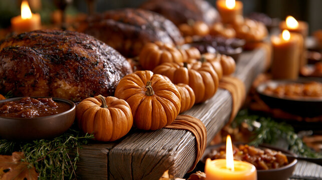 Festlich gedeckter Tisch mit gebratenem Gefl&uuml;gel, aufgereihten Mini-K&uuml;rbissen und brennenden Kerzen im herbstlichen Ambiente.