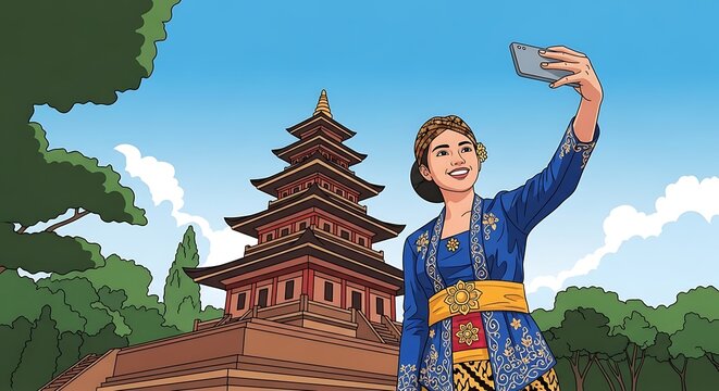Woman Selfie with Temple, and Travel.