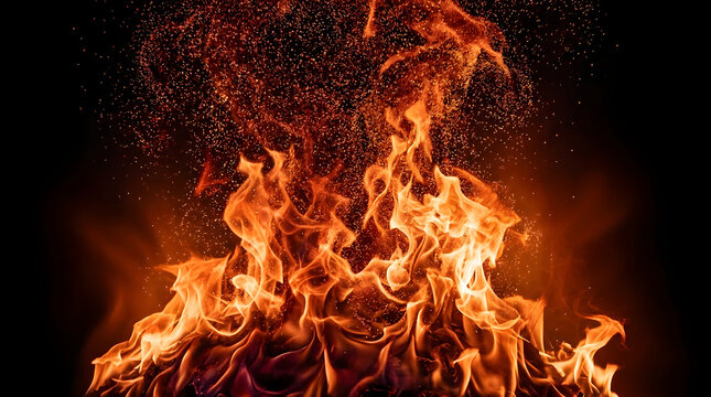 Massive fire flames rising with scattered sparks