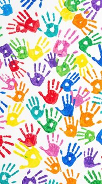 Colorful handprints made by child on white paper. Kids hand painting art background for International Childrens Day. Creative pattern of finger paint palms for school and education concept.