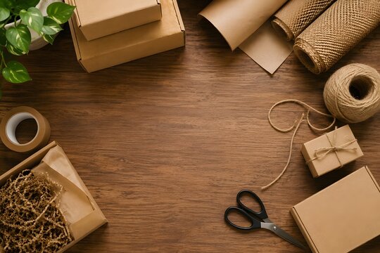 Small business packaging flat lay with kraft boxes and twine on wood