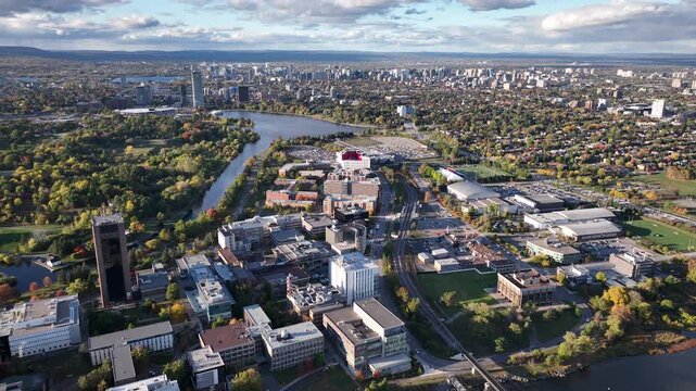 Aerial view of Ottawa Skyline over Carleton University and the Rideau River