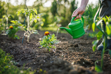 Fototapeta premium Gardener watering planted marigold flower in organic vegetable garden