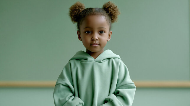 Ein kleines afroamerikanisches M&auml;dchen mit Dutt und mintgr&uuml;nem Hoodie steht vor einer gr&uuml;nen Wand.