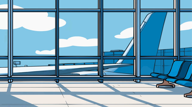 Empty airport waiting lounge showing a large airplane on the tarmac through a bright window with warm sunlight streaming in