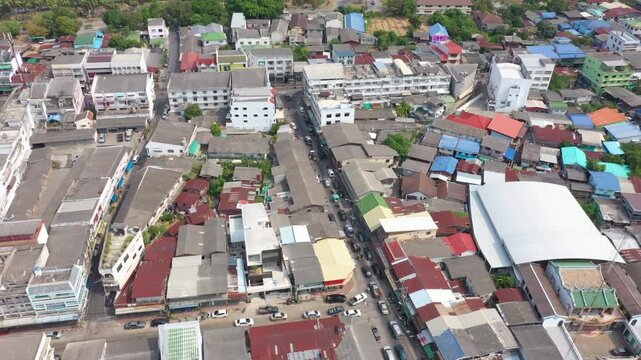 Aerial footage of Sattahip district located in Chomburi province.