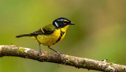Fototapeta premium A Vibrant Yellow and Black Bird Perched on a Mossy Branch in a Lush Forest.
