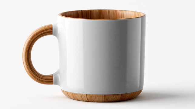 Eine wei&szlig;e Kaffeetasse mit Holzdetails an Henkel und Boden auf wei&szlig;em Hintergrund.